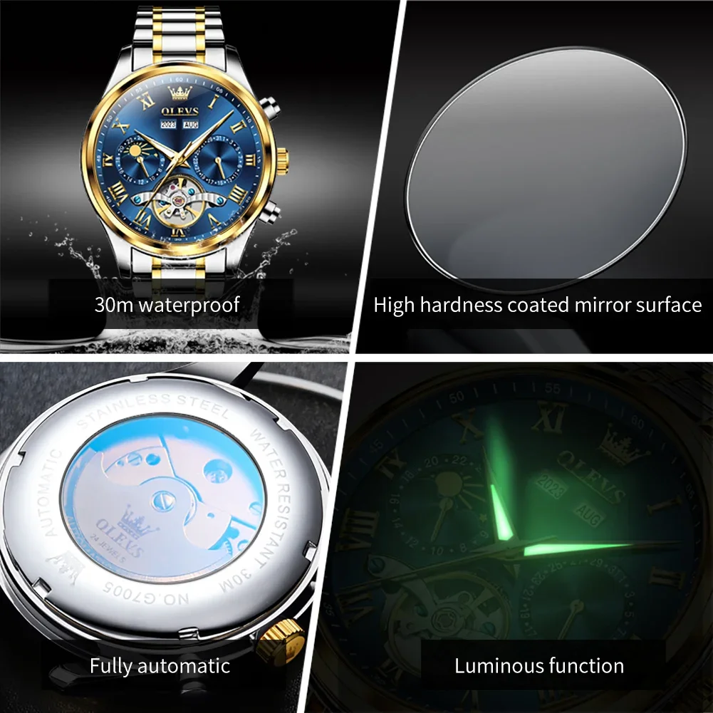 OLEVS 7005 Stainless Steel Strap Watches For Men, Automatic Mechanical Fashion Waterproof Men Wristwatches Calendar Week Display