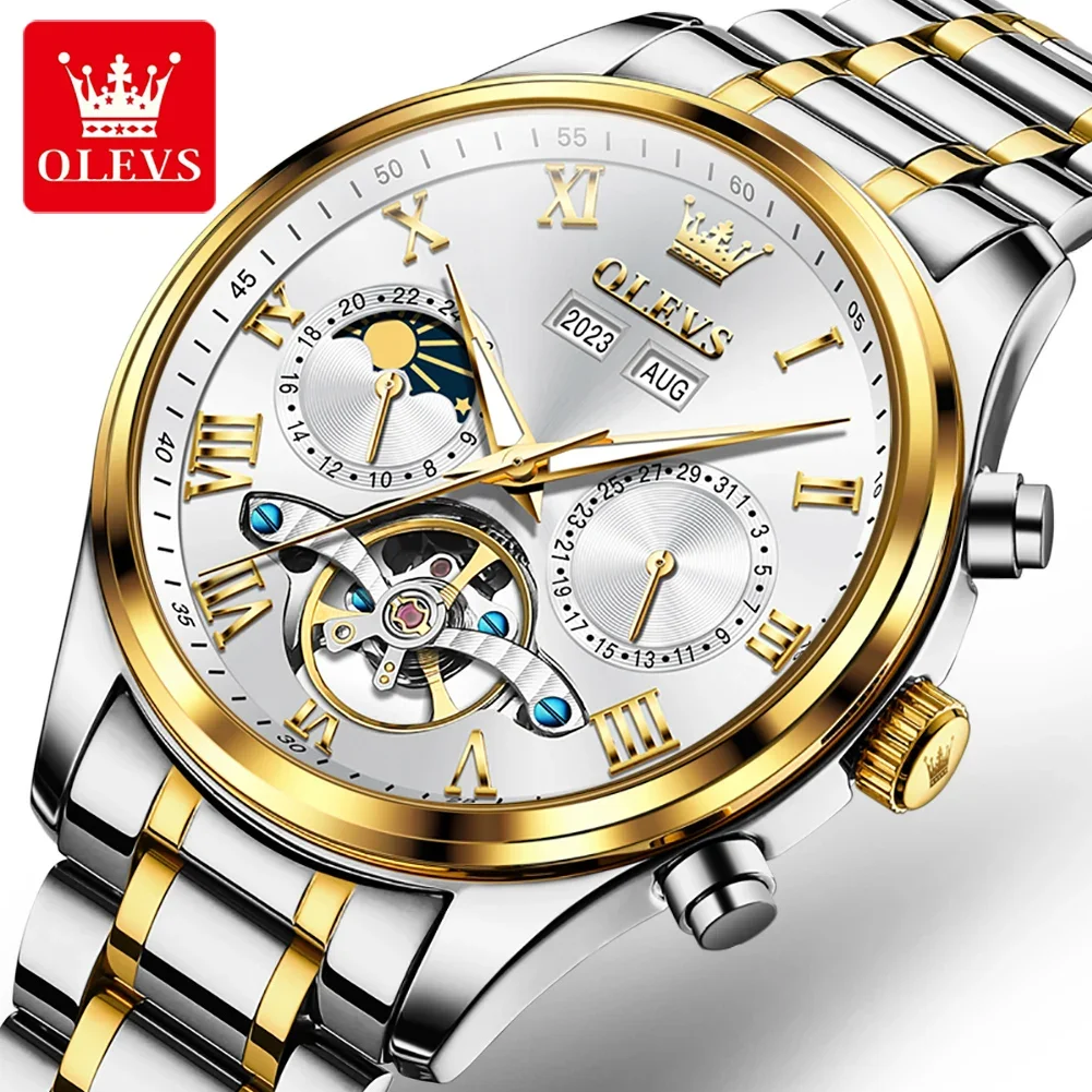 OLEVS 7005 Stainless Steel Strap Watches For Men, Automatic Mechanical Fashion Waterproof Men Wristwatches Calendar Week Display