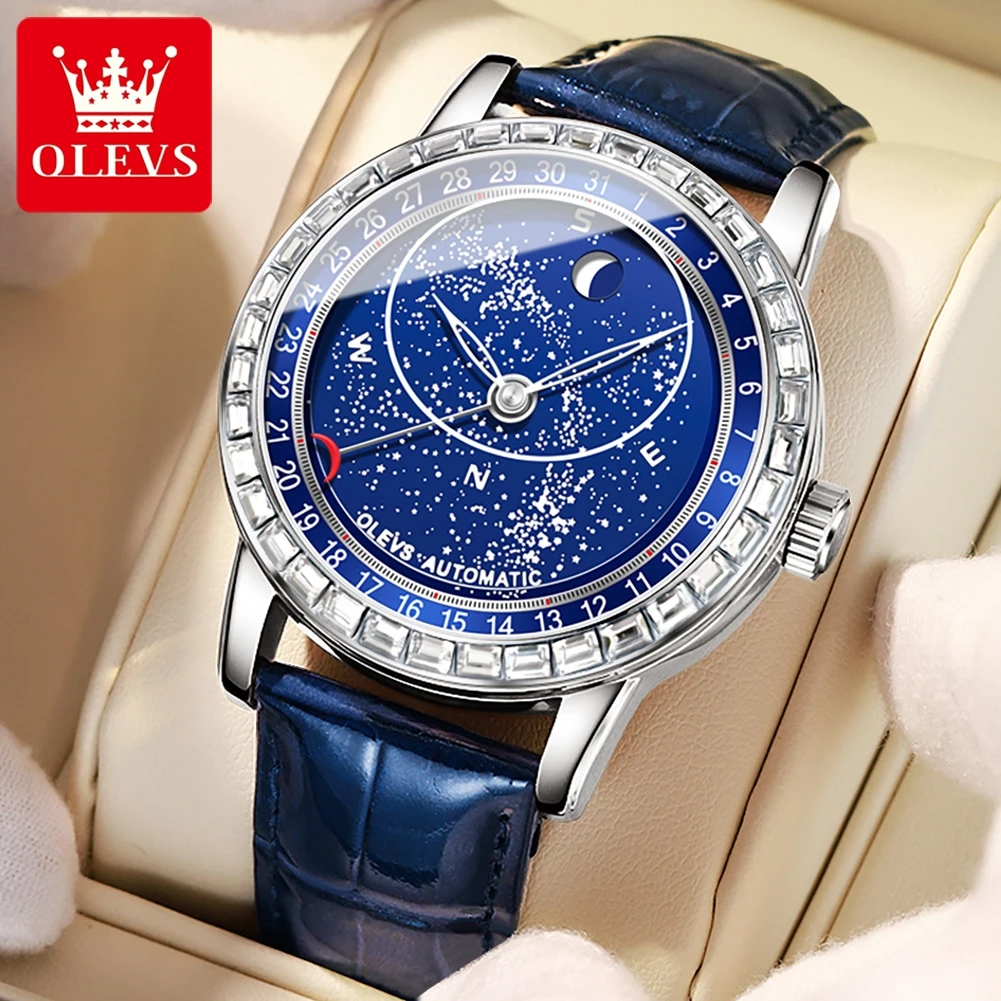 OLEVS Original Mechanical Watch for Men 43.5mm Dial Luminous Starry Sky Waterproof Leather Strap Men Automatic Watch (Upgraded)