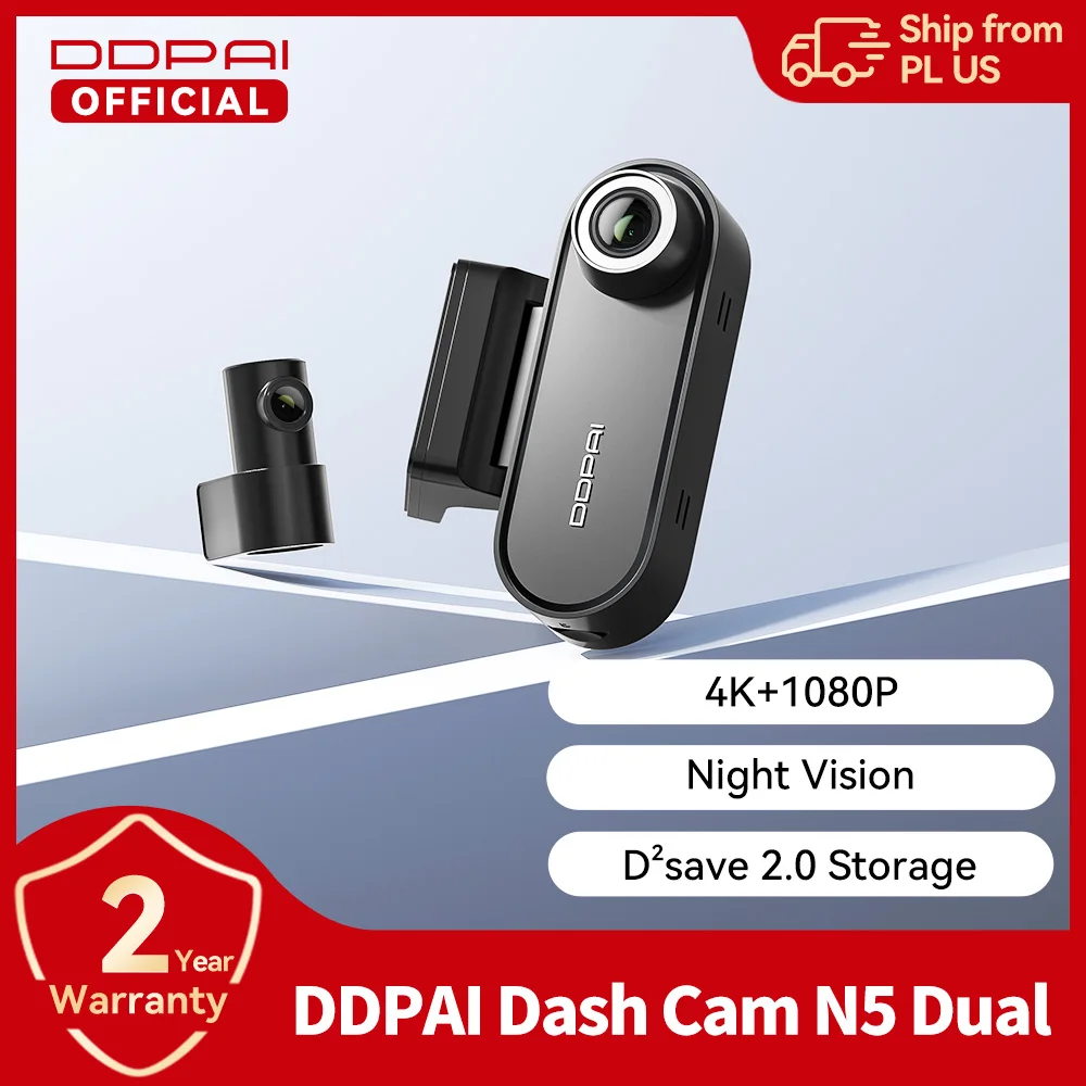 kf-Scfbfbf33be6f4da1a7a36c10e2f418bfN – Alabye Brands Promotional image of DDPAI Dash Cam N5 Dual with front unit and second camera, highlighting 4K+1080P recording, night vision, and D2save 2.0 storage on a red frame with warranty badge.