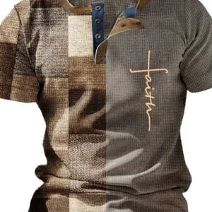 Two-tone short-sleeve shirt: left plaid brown panel, right gray textured panel with vertical 'faith' script on the chest.