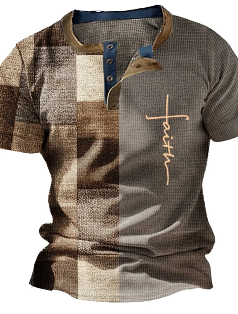 Two-tone short-sleeve shirt: left plaid brown panel, right gray textured panel with vertical 'faith' script on the chest.