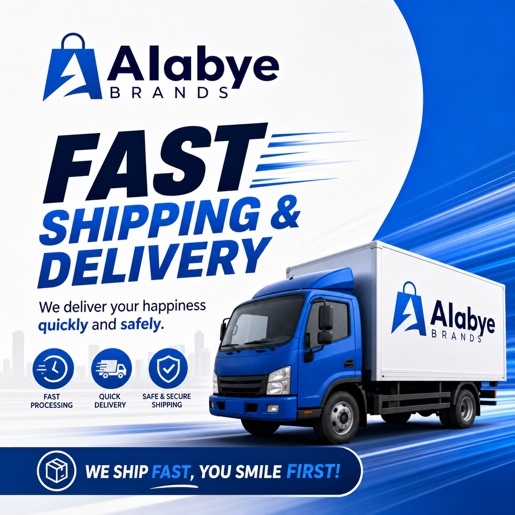 Advertising banner for Alabye Brands featuring a blue delivery truck and bold text:'FAST SHIPPING & DELIVERY' with the slogan 'We ship fast, you smile first.' visually conveying quick, reliable delivery services.