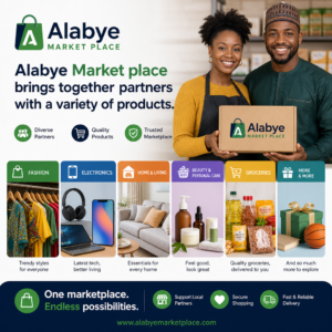 Alabye Market Place banner showing two smiling people holding a box, logo top left, and six colorful category tiles: Fashion, Electronics, Home & Living, Beauty & Personal Care, Groceries, More & More.