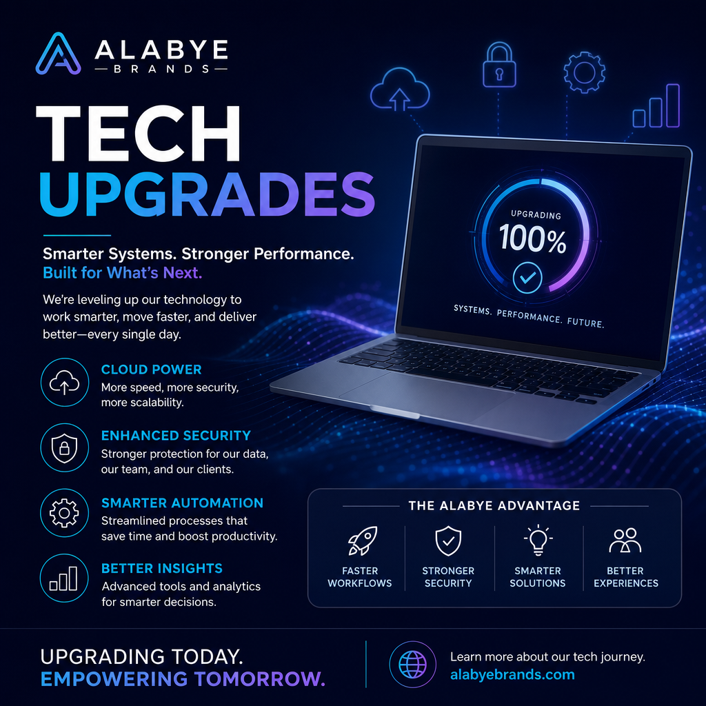 Alabye Brands tech upgrade infographic featuring a glowing 100% upgrade dial on a laptop and bullet icons for cloud power, security, automation, and insights in blue tones.