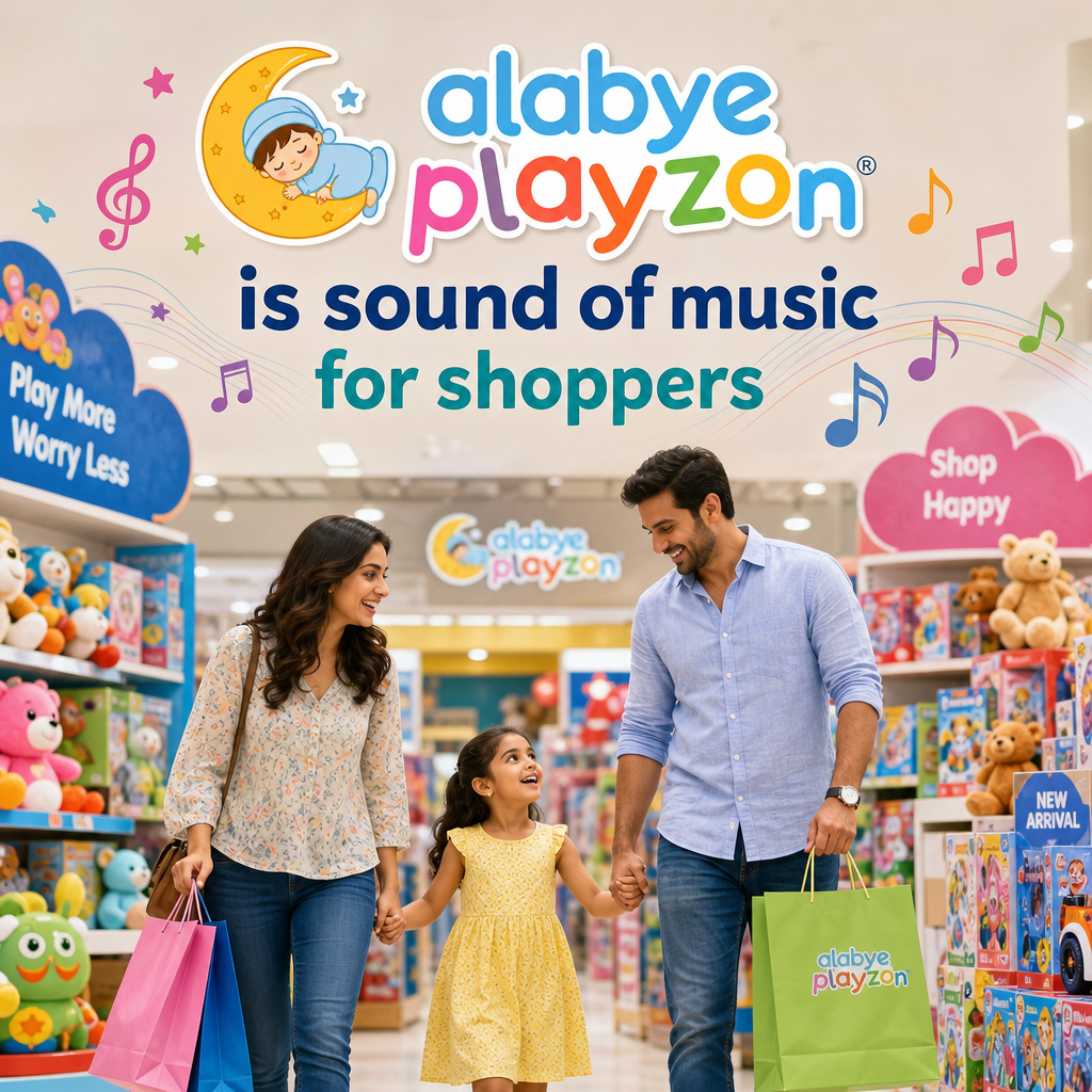 Family of three walking through a toy store, holding hands and carrying colorful shopping bags under a large sign.