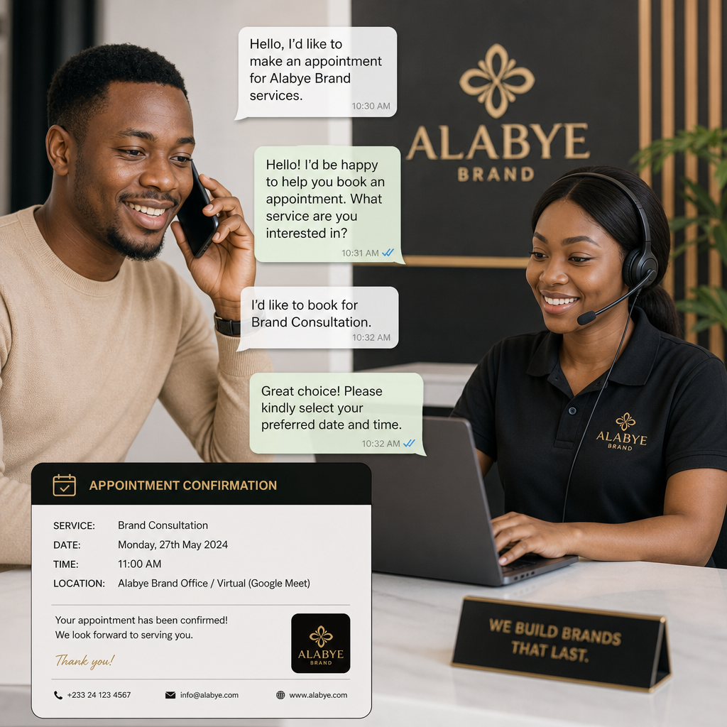 Two people in an Alabye Brand office discuss booking a Brand Consultation, with an appointment confirmation card on the desk and chat bubbles above.