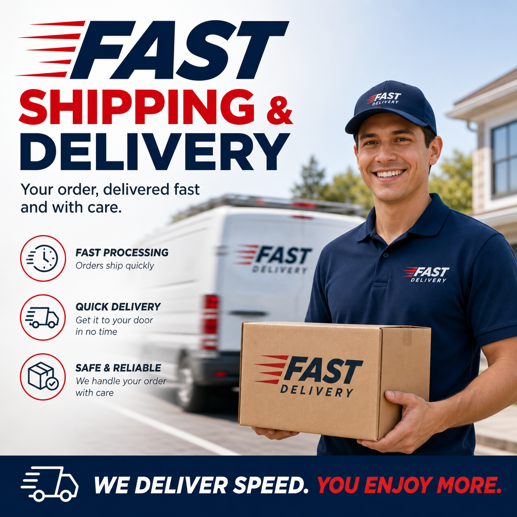 Delivery driver in a navy uniform holds a FAST Delivery box beside a branded delivery van; bold headline promises fast shipping and delivery in red and blue text on a sunny day.