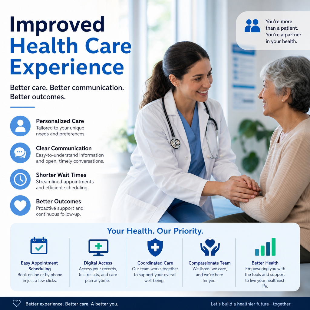 Doctor with an elderly patient smiles during a care visit, promoting an improved health care experience.