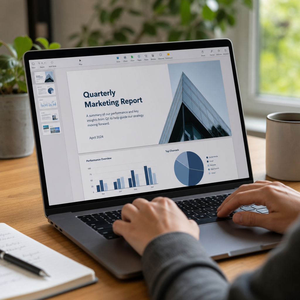 Laptop screen shows a Quarterly Marketing Report slide with a building photo and charts (bar and pie).