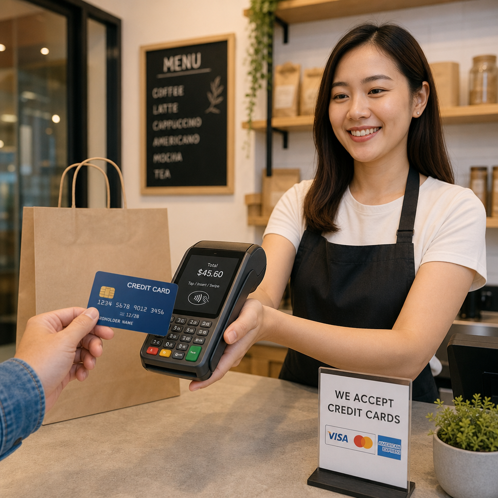 Customer pays with a blue credit card at a handheld card reader held by a smiling cashier in a café register area.