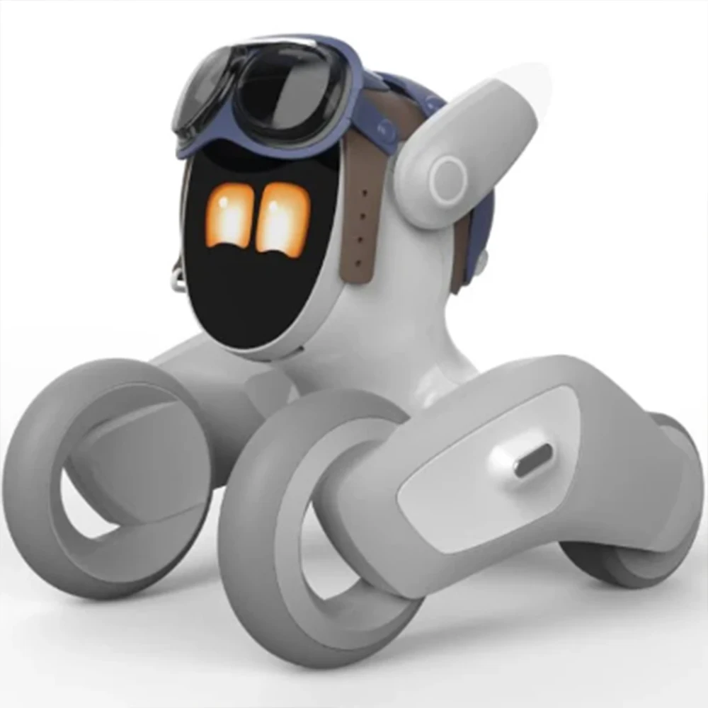 White rounded robot with oversized wheel-like limbs and blue goggles on a white background, playful design.