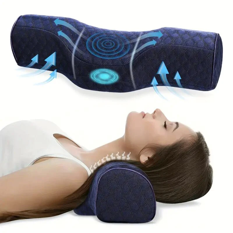 Woman resting with a blue ergonomic neck pillow supporting head and neck; illustration shows massage and airflow features.