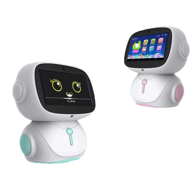 Two small white educational robots with touchscreen displays, one showing a cute animated face and the other a home screen of apps and icons