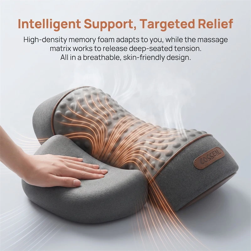 Grey neck massager pillow with a textured surface, emitting heat lines, being pressed by a hand for targeted relief.