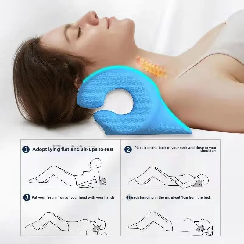 kf-S67ddb45004834fb08f55e601e2bdca5cS – Alabye Brands Woman lying on her back using a blue curved neck massager; four-step instruction diagrams below explain how to use it.
