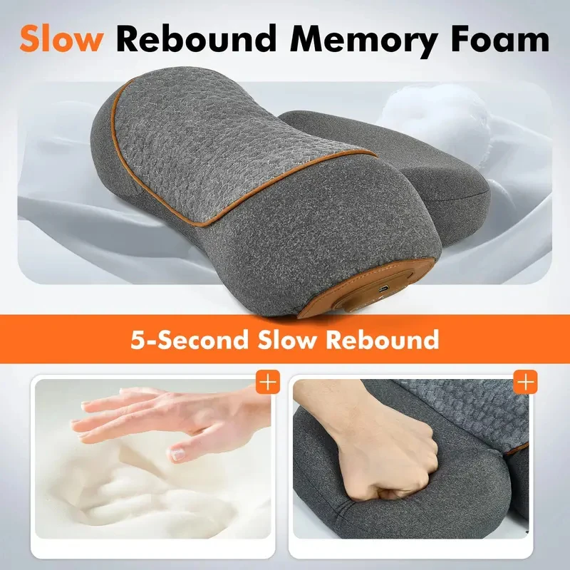 kf-S79a258caa1d74c21a325a4970c7b474bv – Alabye Brands Memory foam cushion labeled 'Slow Rebound Memory Foam' with orange highlight; shows slow, 5-second return and two insets illustrating squish and hand press.