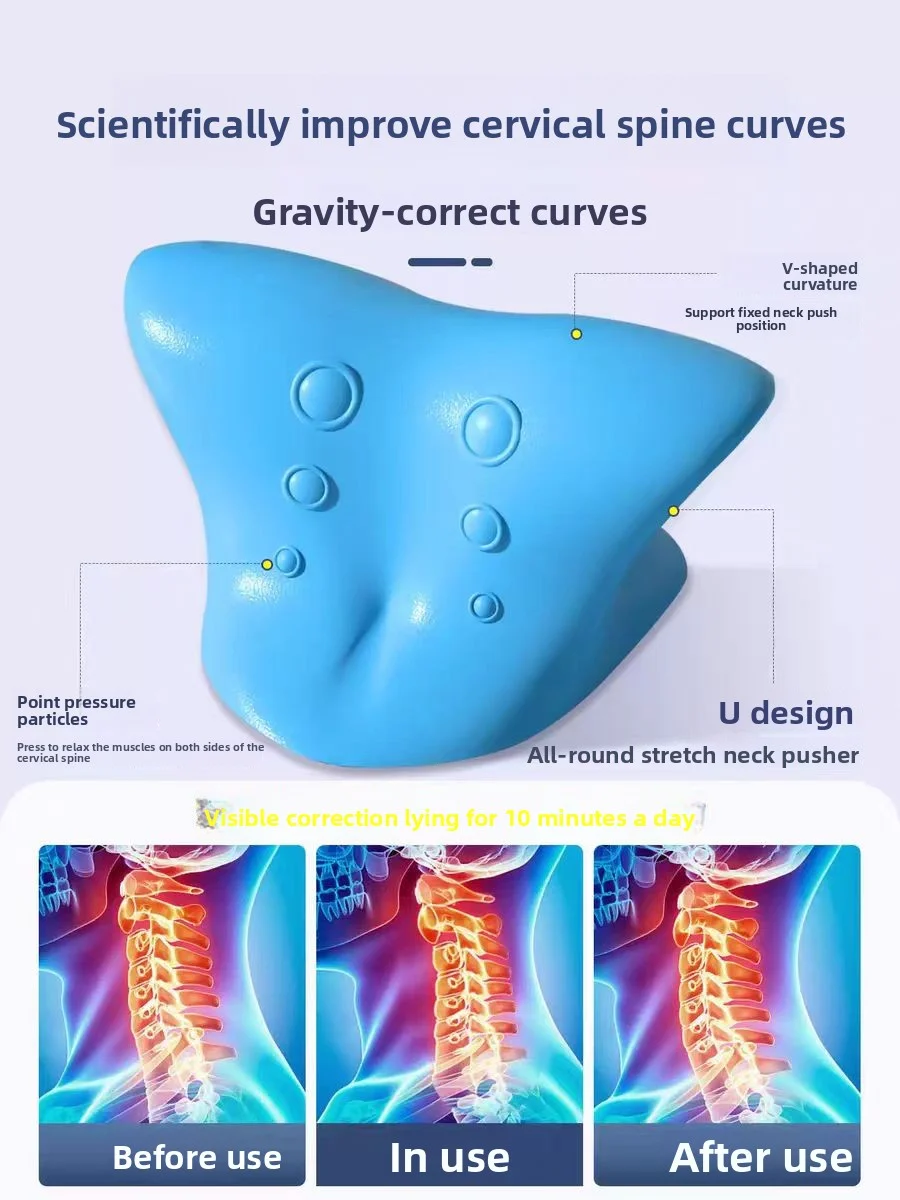 kf-S81e38b42fc6a4cbcad9c7d4cedcf7b4d6 – Alabye Brands Blue U-shaped neck stretcher on a light purple background, with labels about gravity-correct curves; bottom row shows spine alignment before, during, and after use.