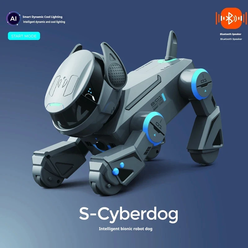 S-Cyberdog, a gray intelligent bionic robot dog with blue accents on a blue gradient background.