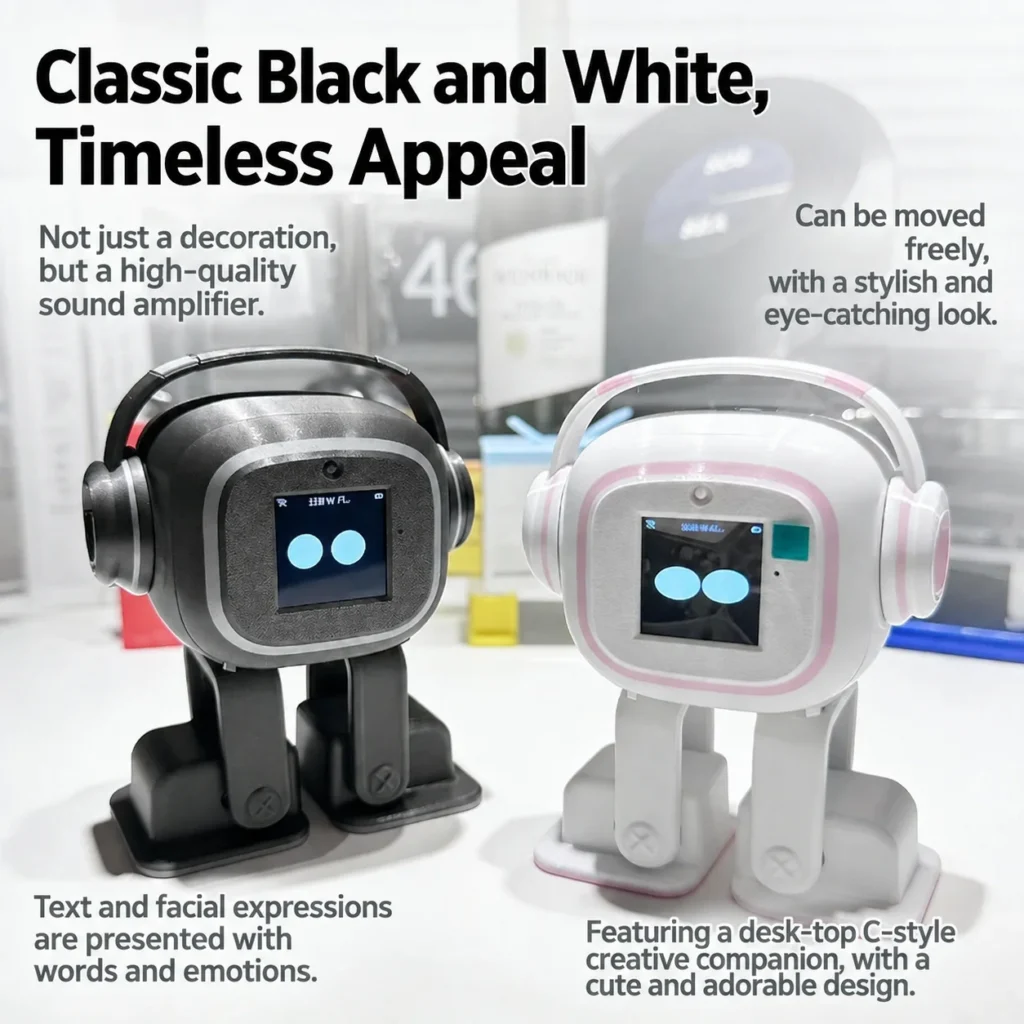 Two desktop robot toys with face screens, one black and one white with pink trim, wearing headphones on a store display.