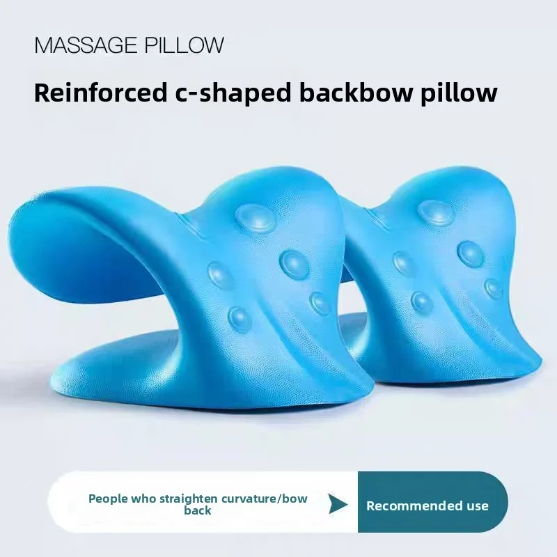 Infographic-style image of a blue reinforced C-shaped back pillow labeled ‘MASSAGE PILLOW’ with a ‘Recommended use’ bar for people who straighten curvature/bow back