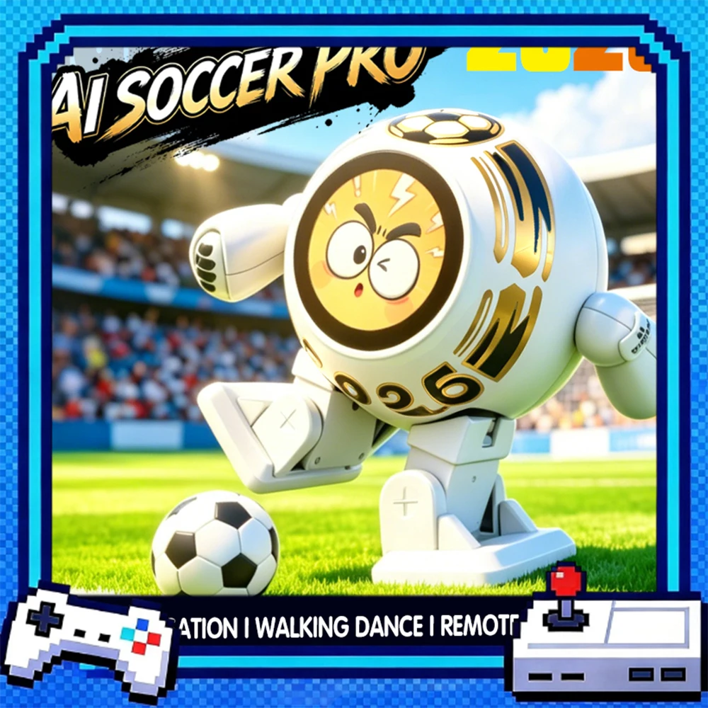 Cartoon white robot playing soccer, kicking a soccer ball on a sunny green field with an arcade-style blue frame and game controller icons.