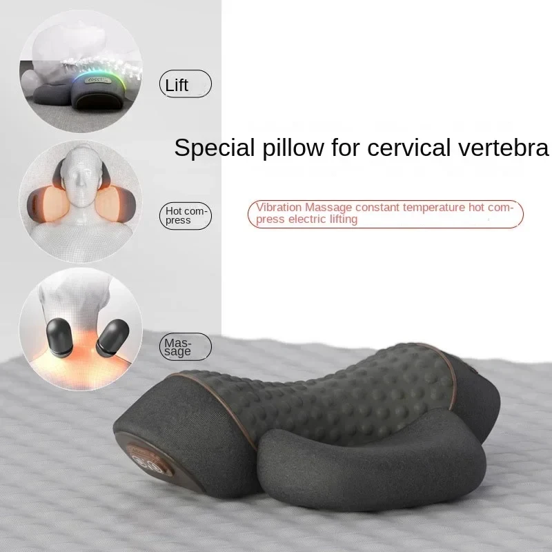 kf-Sa1486fa3d98542c5837eca4561150811H – Alabye Brands Cervical neck pillow with a textured surface and three feature icons labeled Lift, Hot compress, and Massage on the side panel