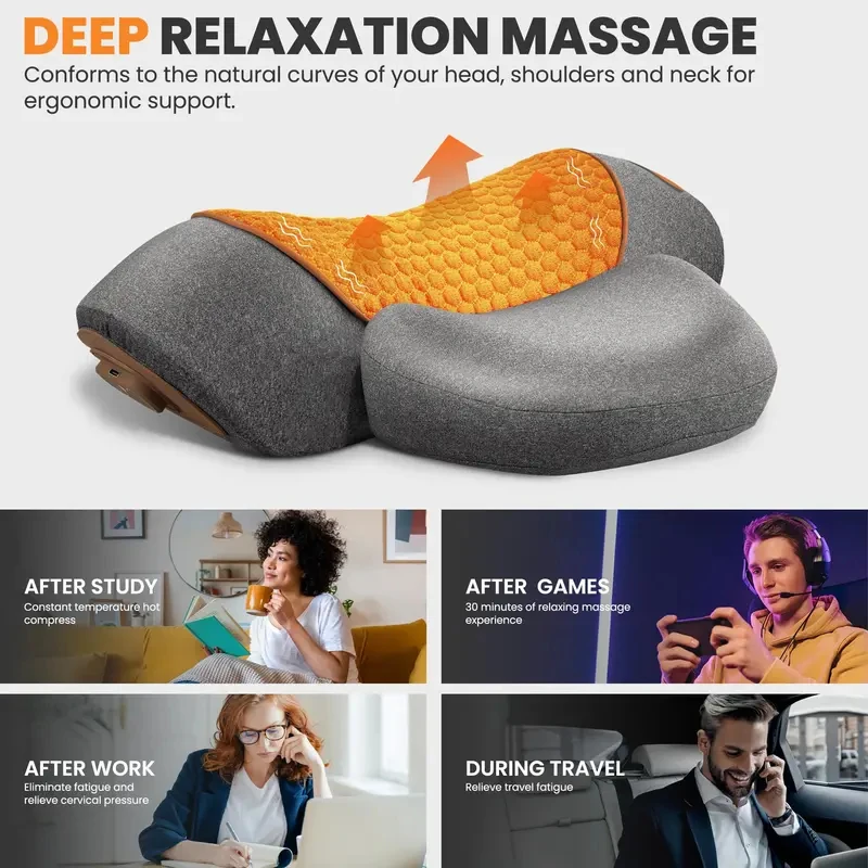 kf-Sbe468e9684d14321a3142656a019cc85I – Alabye Brands Deep relaxation massage pillow with orange honeycomb interior between gray ergonomic cushions, showing its support feature.