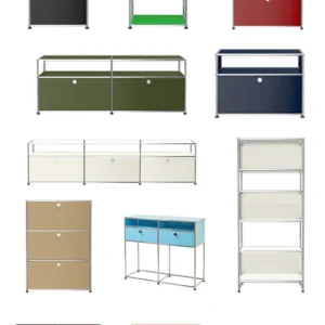 Collage of twelve modular storage cabinets in various colors and configurations, including drawers, shelves, and metal frames.