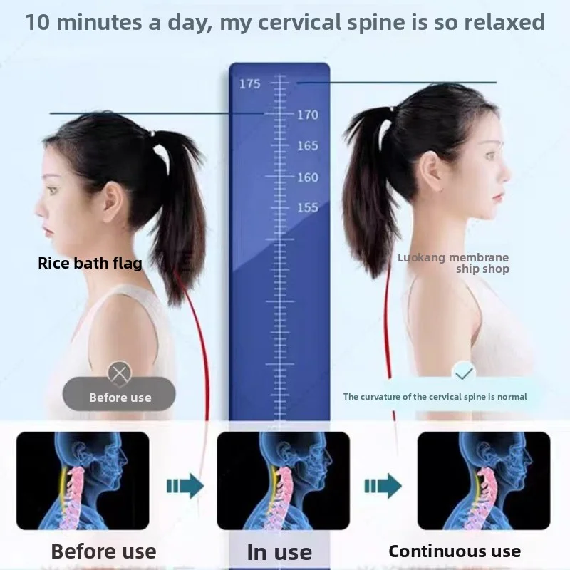 kf-Sd162def23b574abb8de761c76ffb10fba – Alabye Brands Side-by-side profile of a woman with a ruler showing improved neck alignment after use; text suggests normal cervical curvature.