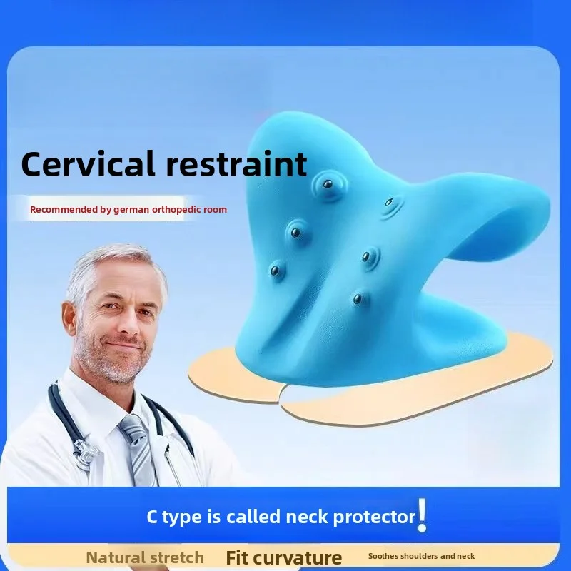 kf-Sd43fe7d2c1104b0f831d943238a960ecw – Alabye Brands Doctor beside a blue cervical neck protector device mounted on a beige base; promotional text visible.