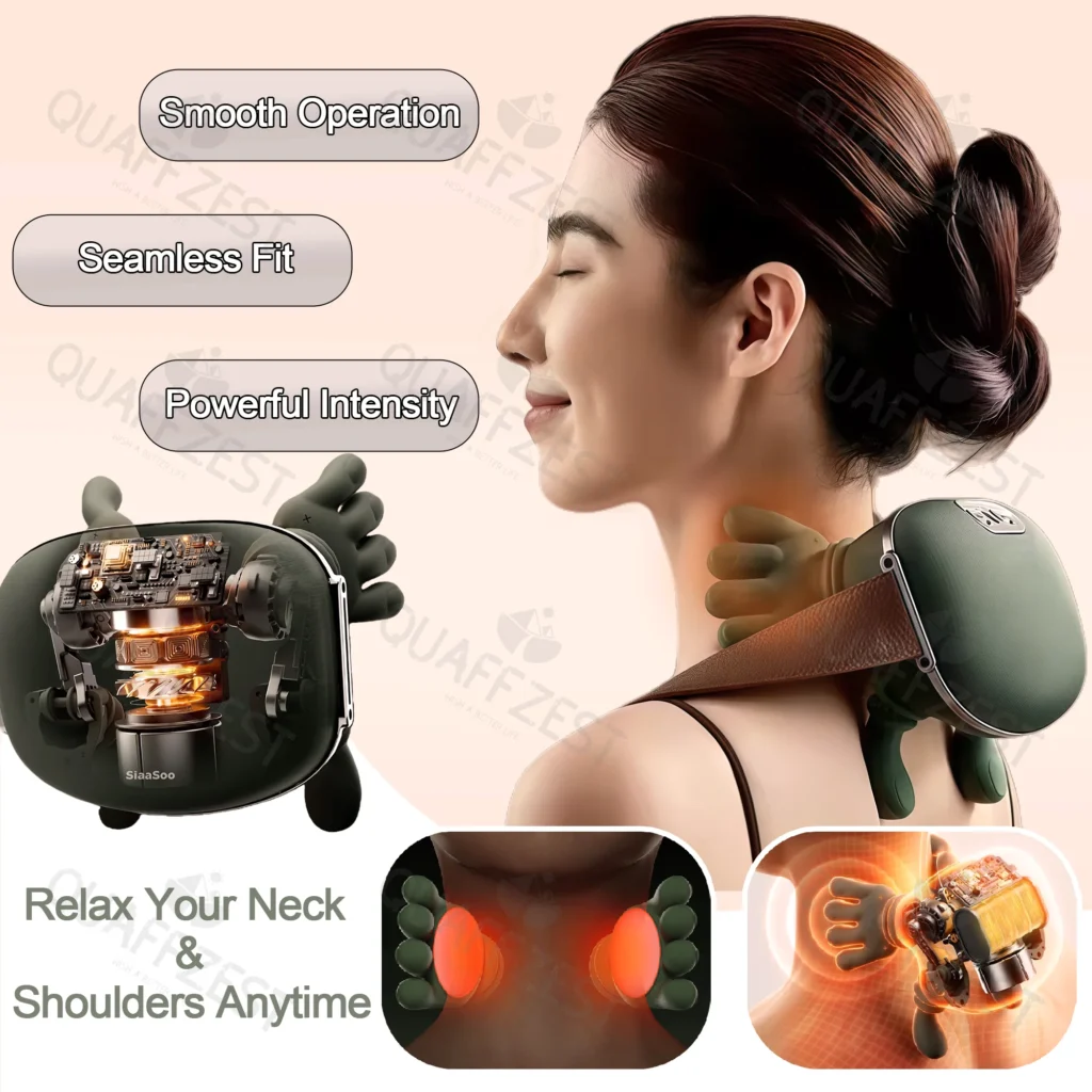 Side profile of a woman wearing a neck massager with bold text overlays about relaxation.