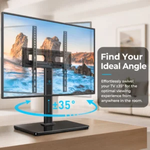 Curved monitor on a stand showing a coastal rock wallpaper with overlay text about finding the ideal angle.